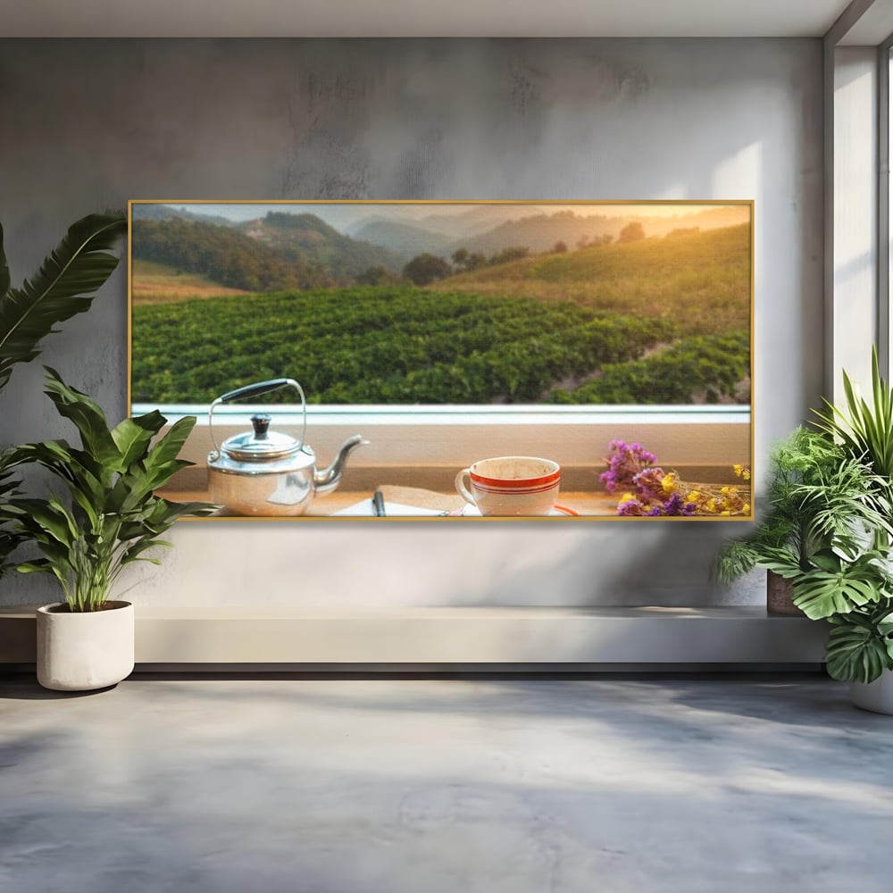 Tablou canvas cu tablou canvas cu peisaj matinal si ceainic pe pervaz, in rama de aluminiu auriu